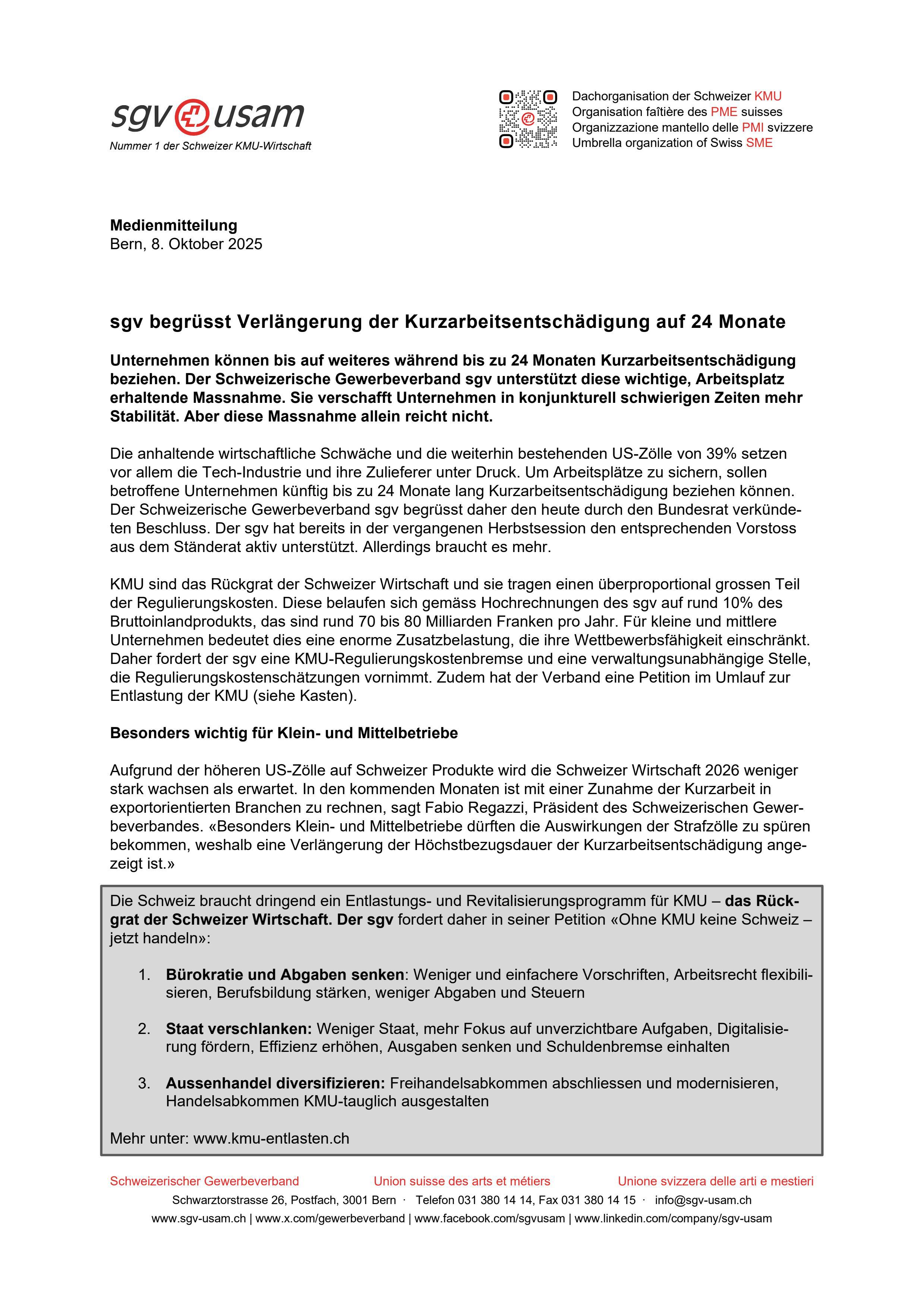 sgv begrüsst Verlängerung der Kurzarbeitsentschädigung auf 24 Monate