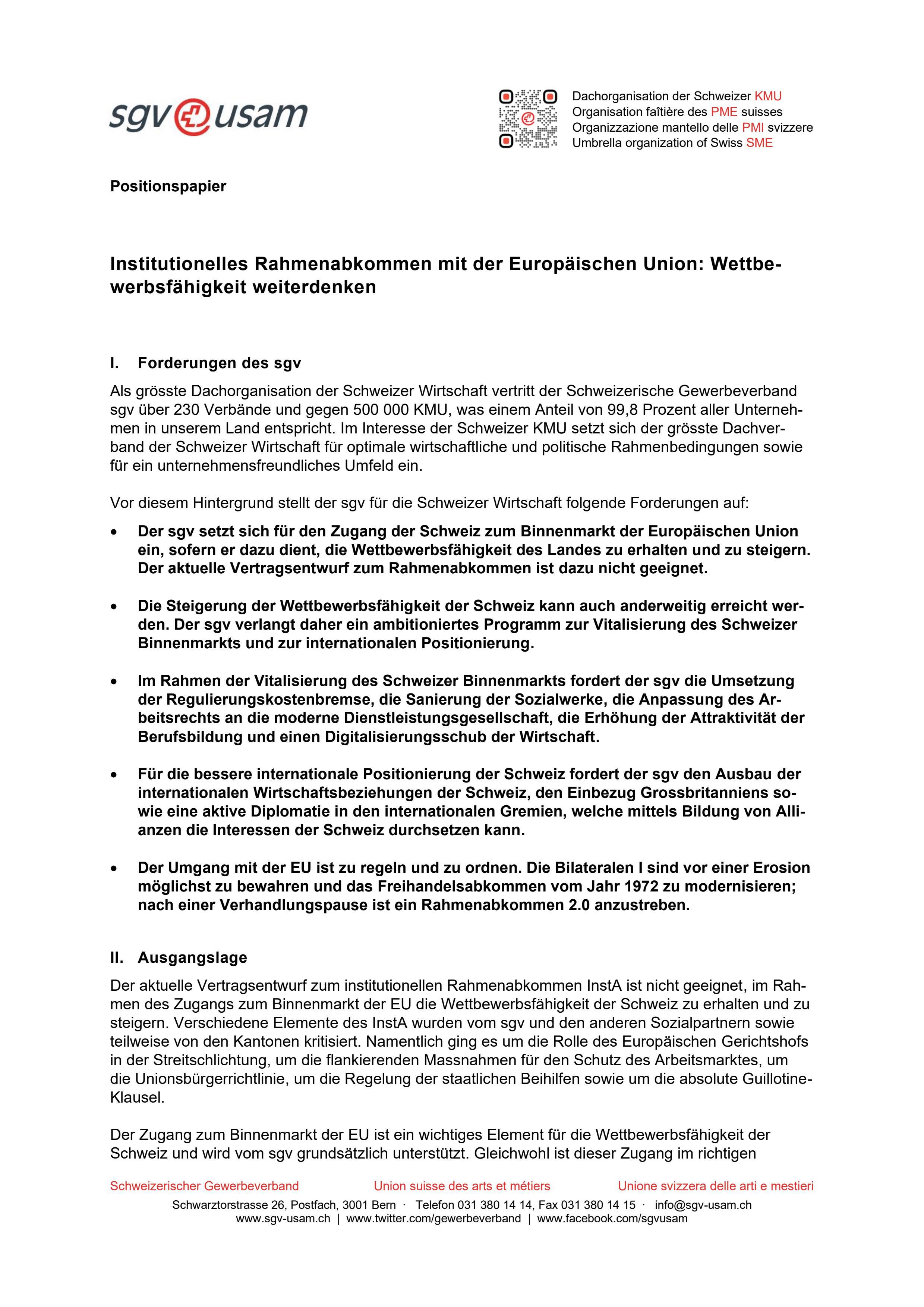 Institutionelles Rahmenabkommen mit der Europäischen Union: Wettbewerbsfähigkeit weiterdenken