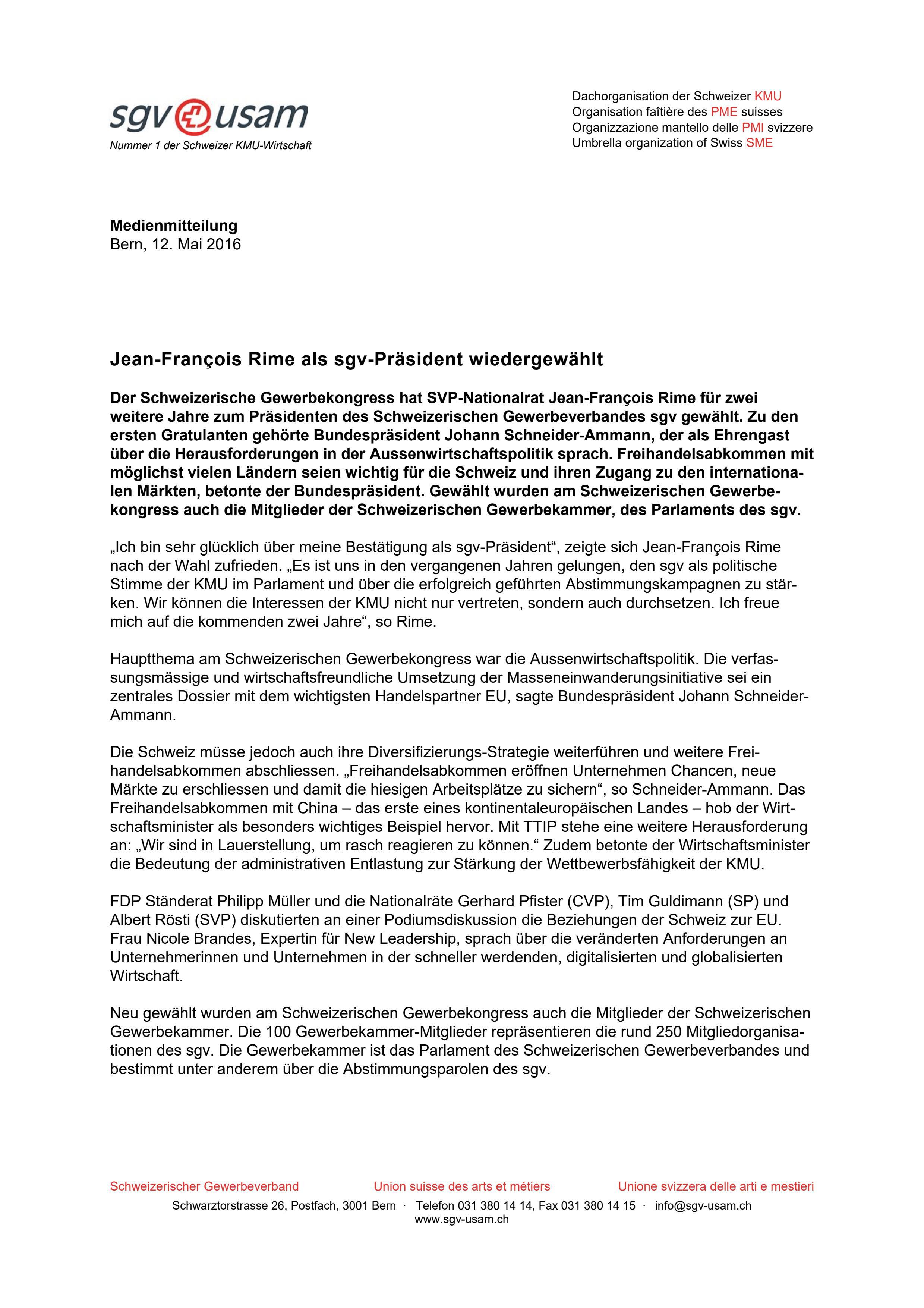  Medienmitteilung Schweizerischer Gewerbekongress 2016