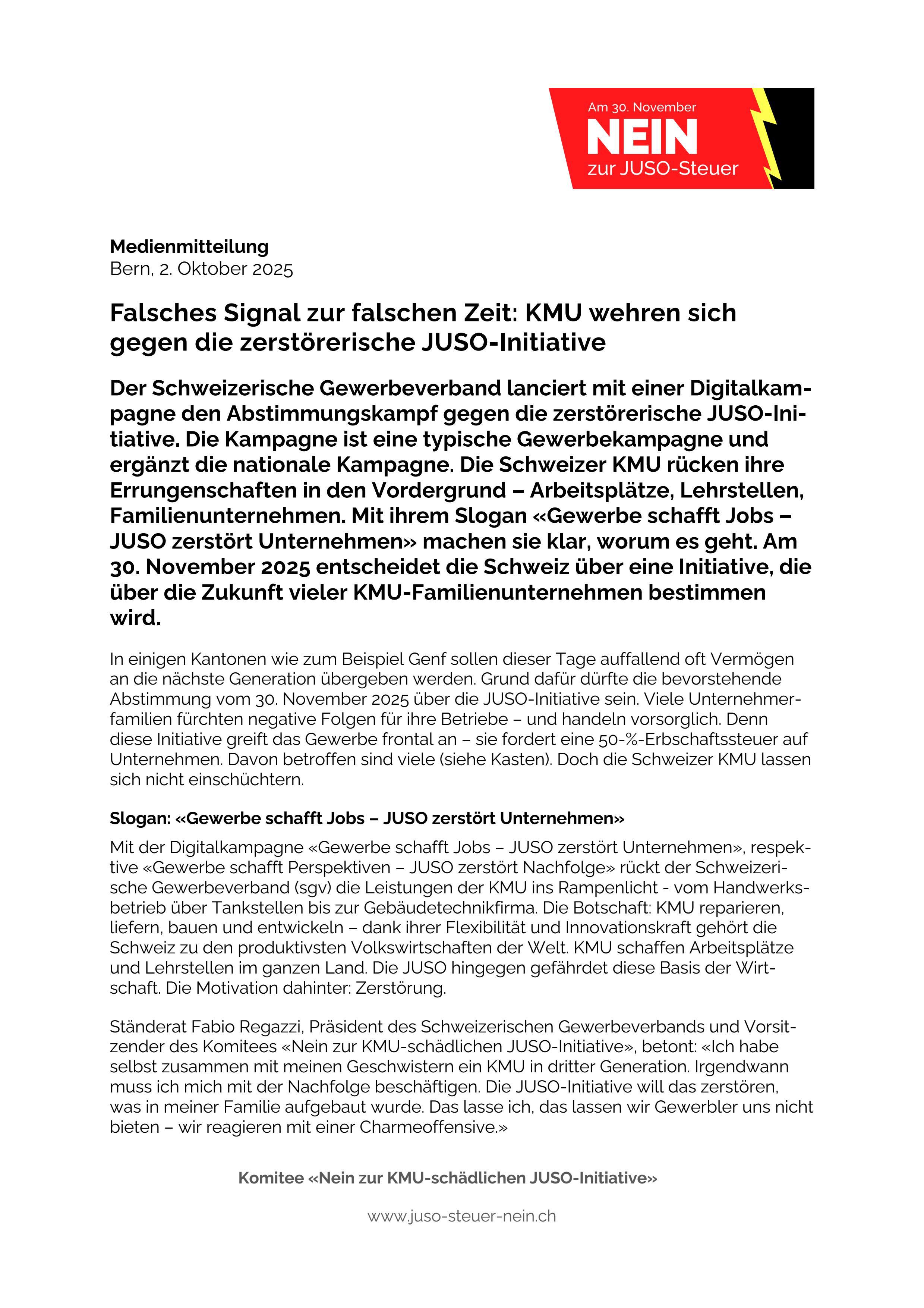 Falsches Signal zur falschen Zeit: KMU wehren sich gegen die zerstörerische JUSO-Initiative